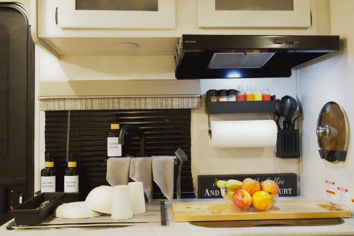 Compact and well-equipped kitchen in an rv rental, showing sink area, spice rack, paper towels, and a fruit bowl.. Forest River R-Pod 193 2022