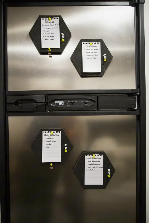 RV rental fridge with helpful notes: recipes, daily chores, activities, and local attractions for organized travel.. Forest River R-Pod 193 2022