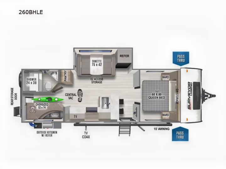 Floor plan of a 260BHLE RV rental, featuring a queen bed, bunk beds, dinette, kitchen, and bathroom layout.. Forest River Surveyor Legend 2024