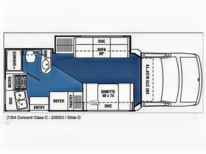 RV rental floor plan of a 2004 Concord Class C, featuring kitchen, bath, dinette, sofa, and entertainment center.. Coachmen Concord 2004