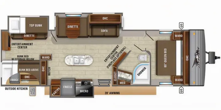 RV rental floor plan: Detailed travel trailer layout with queen bed, bunk beds, full kitchen, and bath for comfortable trips.. Jayco Jay Flight 2021