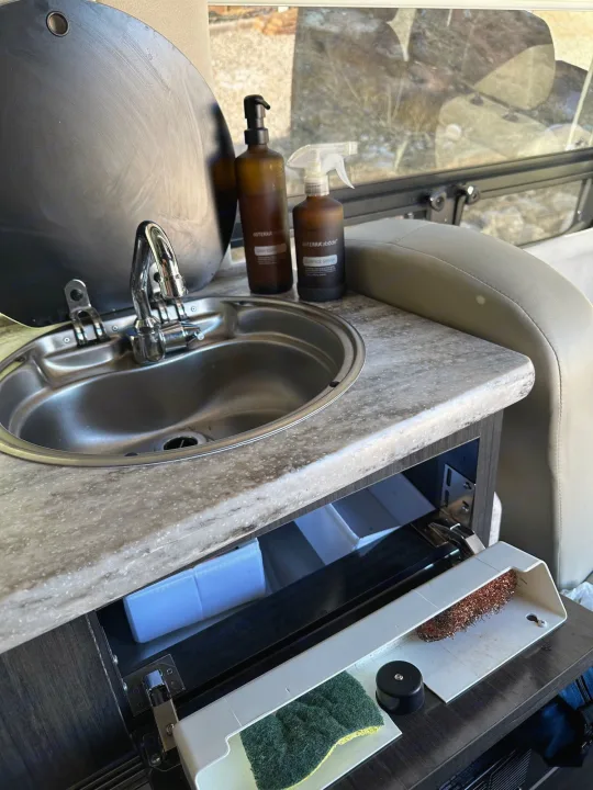 Scrubber, dish soap, & spray cleaner provided. Airstream Interstate 2014