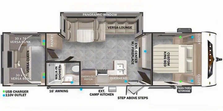 RV rental layout: Master bedroom (king bed), bunk room, full kitchen, bath, and living area with panoramic window.. Forest River Salem Cruise Lite 2023