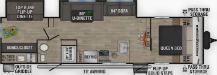 RV rental floor plan: Queen bed, bunks, U-dinette, kitchen, bath. Ideal for family travel, includes outside kitchen, awning.. Connect SE 2022