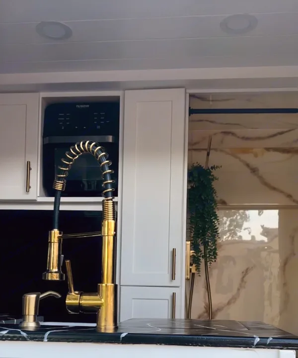 Modern RV rental kitchen: Gold faucet, black marble counter, white cabinets, and built-in Nuwave appliance define this sleek space.. Dodge Ram 1500 2019