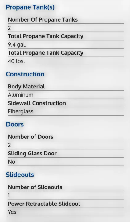 This image lists RV rental specifications: Propane tanks, aluminum/fiberglass construction, doors, and a power slideout.. Coachmen Apex 2017