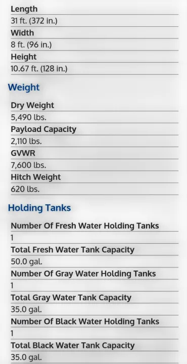 RV rental specs: detailed dimensions, weight (lbs), and holding tank capacities (gallons) for fresh, gray, black water.. Coachmen Apex 2017