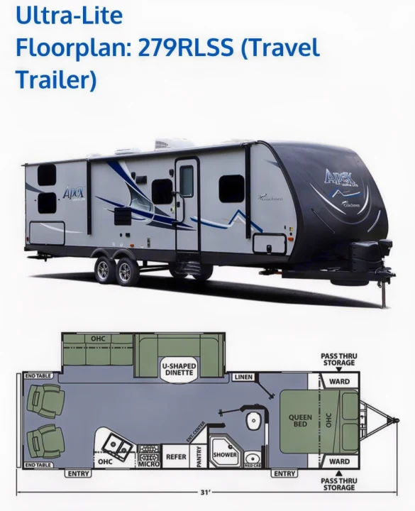 This rv rental offers an Ultra-Lite 279RLSS travel trailer exterior view & floorplan with queen bed, dinette, kitchen, bath.. Coachmen Apex 2017