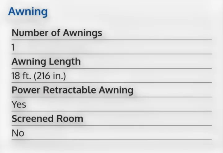 RV rental awning features: 18 ft. (216 in.) power retractable awning. One awning, no screened room.. Coachmen Apex 2017