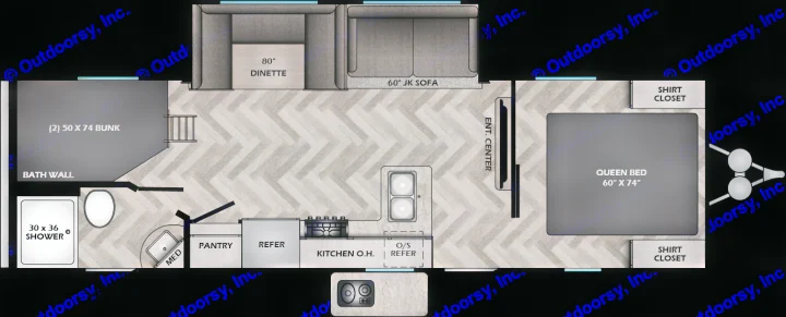 RV rental floor plan: Queen bed, kitchen, dinette, sofa, bathroom with shower, & bunk beds for spacious living.. Crossroads RV Zinger Lite 2022