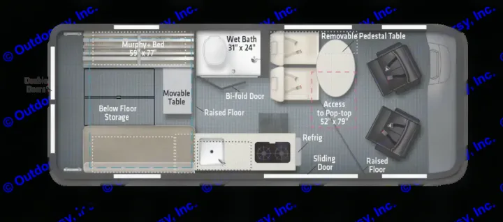 RV rental floor plan showing a compact interior layout with a Murphy bed, wet bath, kitchen, and flexible seating areas.. Winnebago Solis 2023