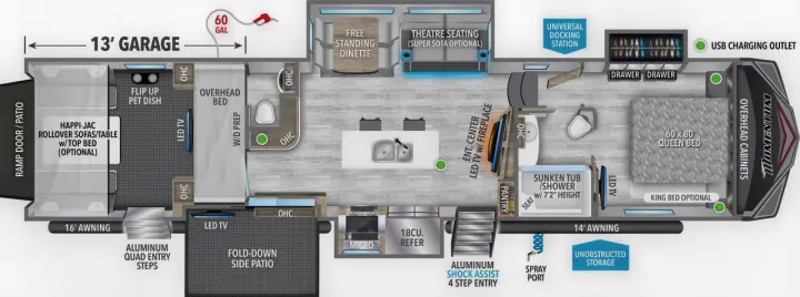 Detailed RV rental floor plan showing a spacious garage, kitchen, living area with dinette/seating, bathroom, and master bedroom.. Grand Design Momentum 2023
