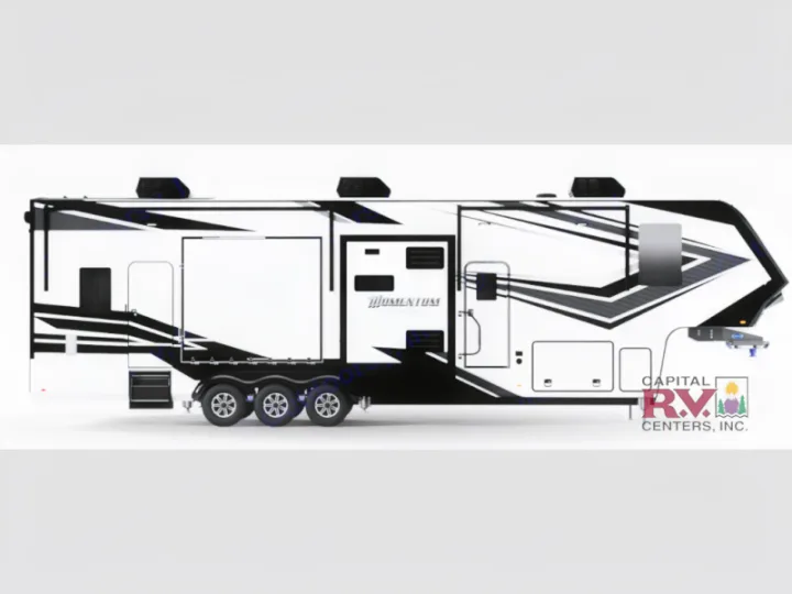 A large, modern white and black fifth-wheel toy hauler RV, available for rv rental adventures.. Grand Design Momentum 2023