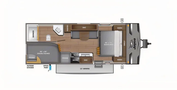 Jayco RV rental floor plan: 13' awning, queen bed, double bunks, kitchen, and bath. See this RV's interior layout.. Jayco Jay Flight 2023