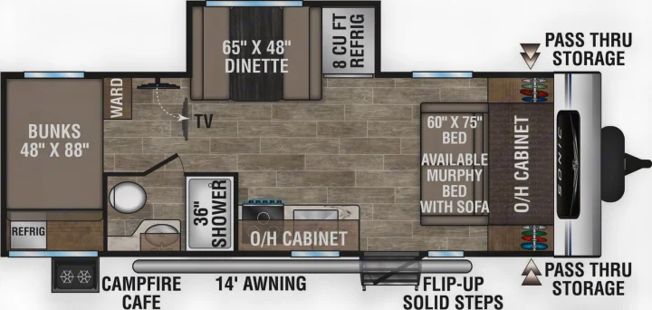 **RV rental floor plan** showcasing bunks, dinette, kitchen, and a flexible Murphy bed with sofa layout for comfortable travel.. Venture Rv Sonic 2022