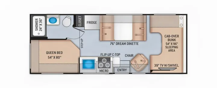 Explore this detailed RV rental floor plan: queen bed, separate shower, toilet, dinette, cab-over bunk, and kitchen.. Thor Coleman 2022