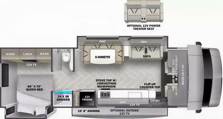 RV rental floor plan showing queen bed, U-dinette, kitchen, bath with shower, and front bunk. Spacious layout.. Forest River Sunseeker Classic 2023