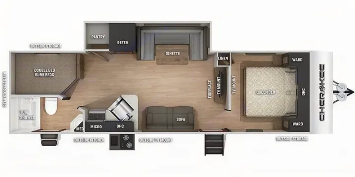 Floor plan of an RV rental: Features include a private queen bed, double bunk beds, kitchen, dinette, and sofa lounge.. Forest River Cherokee 2022