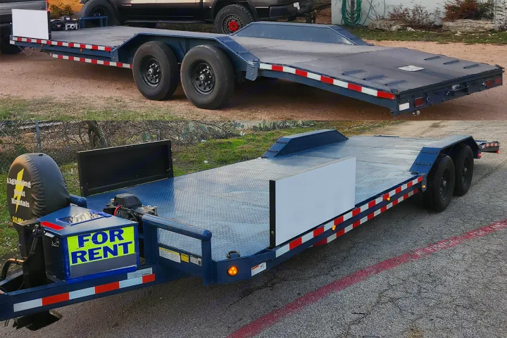 Two blue car hauler trailers for rent, complementing rv rental services and equipment transport needs.. Custom 24ft Buggy Hauler 2023