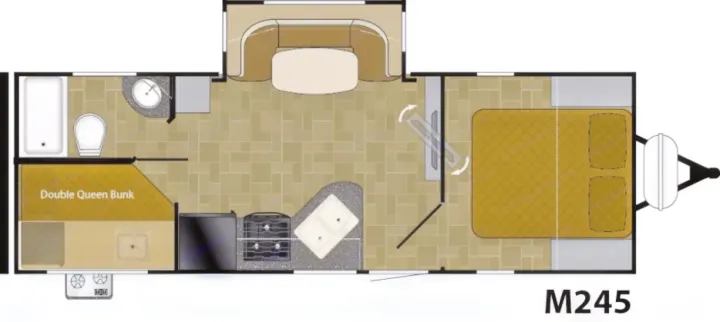 RV rental floor plan diagram: kitchen, bathroom, double queen bunk, master bedroom, dinette, and TV.. Heartland RVs Mallard 2018
