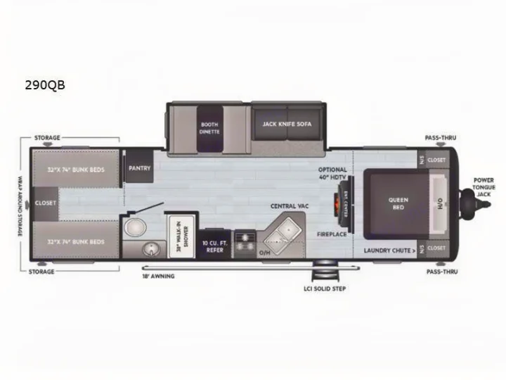 This RV rental floor plan for the 290QB model showcases a queen bed, bunk beds, kitchen, and main living areas.. Keystone Hideout 2022