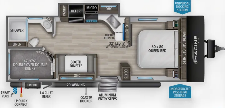 RV rental floor plan: 60x80 queen bed, double bunks, full kitchen, bath, dinette, plus awning & outdoor griddle.. Grand Design Imagine XLS 2023