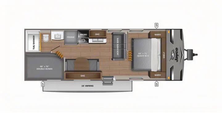 This RV rental floor plan shows a Jayco travel trailer with a queen bed, double bunks, kitchen, bath, and living space with sofa.. Jayco Jay Flight SLX 2021