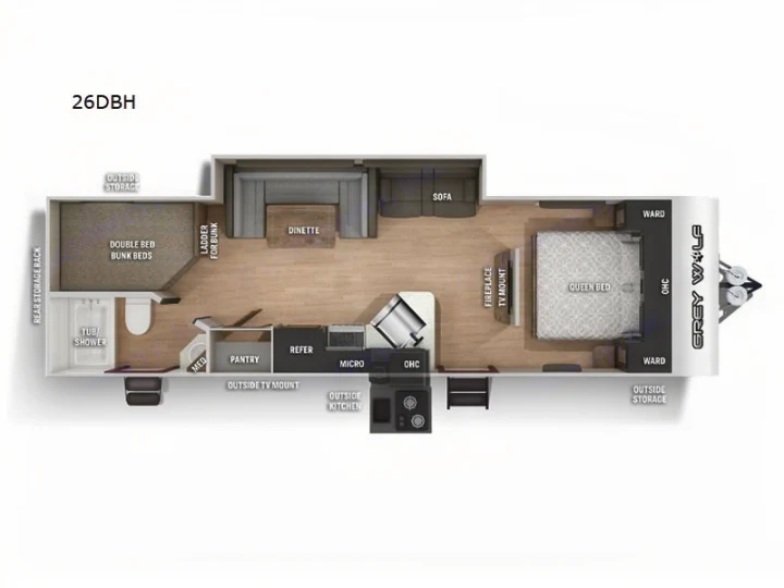 26DBH RV rental floor plan: Features queen bed, bunk beds, full bath, kitchen, and dinette. Includes outside storage/kitchen.. Forest River Cherokee Grey Wolf 2021