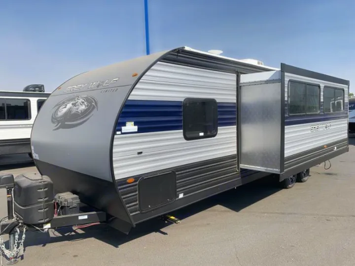 Grey Wolf travel trailer with extended slide-out for RV rental. A spacious camper ready for your travels.. Forest River Cherokee Grey Wolf 2021