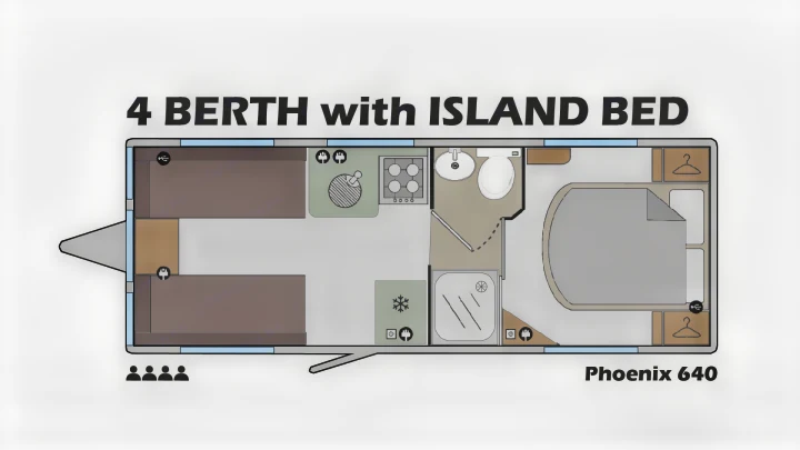 Floor plan of a 4-berth Phoenix 640 RV/caravan, ideal for rv rental. Features island bed, kitchen, bath, and front seating.. Bailey Pheonix 640 2022