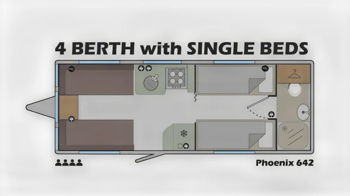 Discover the Phoenix 642, a 4-berth caravan floor plan with single beds, perfect for your next RV rental.. Bailey x 2022