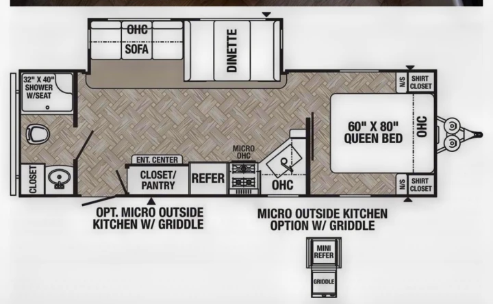 RV rental floor plan showing a travel trailer interior layout: queen bed, dinette, kitchen, full bath, and storage.. Puma Palomino 2021