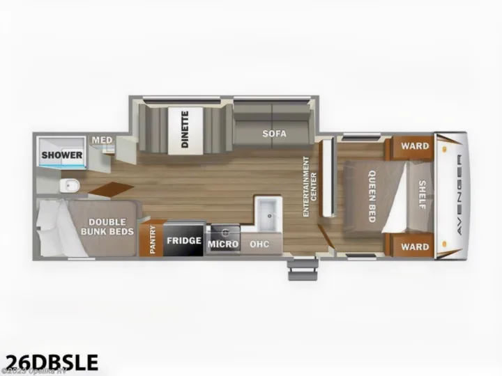 Detailed RV rental floor plan (26DBSLE) of a travel trailer, highlighting queen bed, bunks, kitchen. Forest River Avenger LE 2022