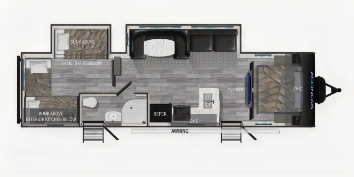 Explore this RV rental floor plan showcasing a master bedroom, bunk beds, kitchen, and living space. Ideal for your next trip.. Heartland RVs Pioneer 2022