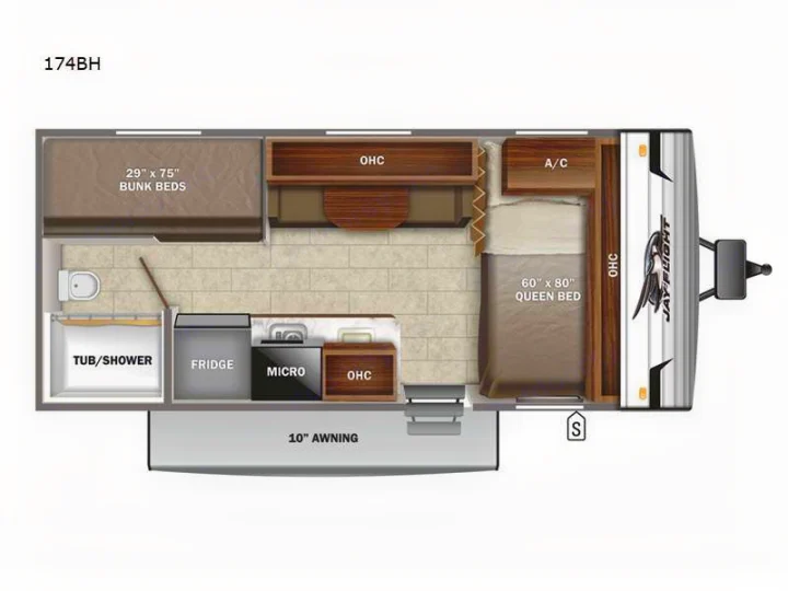 RV rental floor plan for a Jay Flight 174BH travel trailer, showing queen bed, bunk beds, kitchen, and bathroom.. Jayco Jay Flight SLX Baja Edition 2022