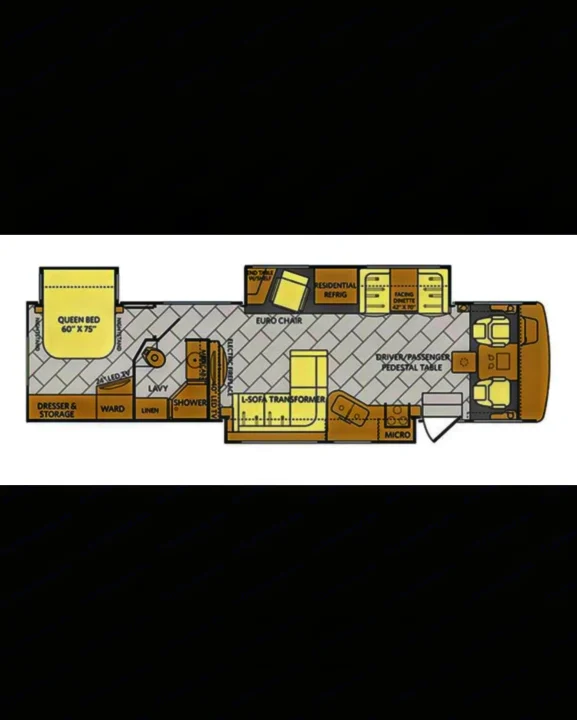 RV rental floor plan: Detailed interior layout with queen bed, shower, dinette, and kitchen area.. Fleetwood Bounder 2017