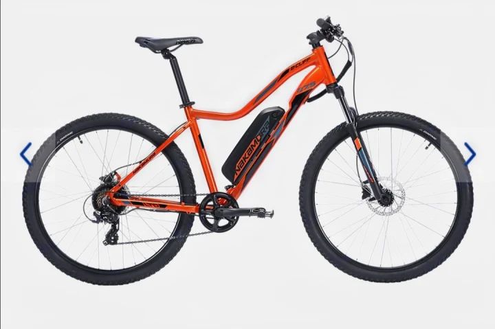 Vibrant orange electric mountain bike, battery visible. Perfect for outdoor adventures from your RV rental.. VTT NAKAMURA 2021