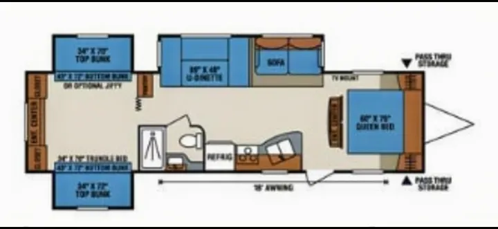 Detailed RV rental floor plan with queen bed, bunks, U-dinette, sofa, kitchen, and bath.. KZ Sportsman 2015