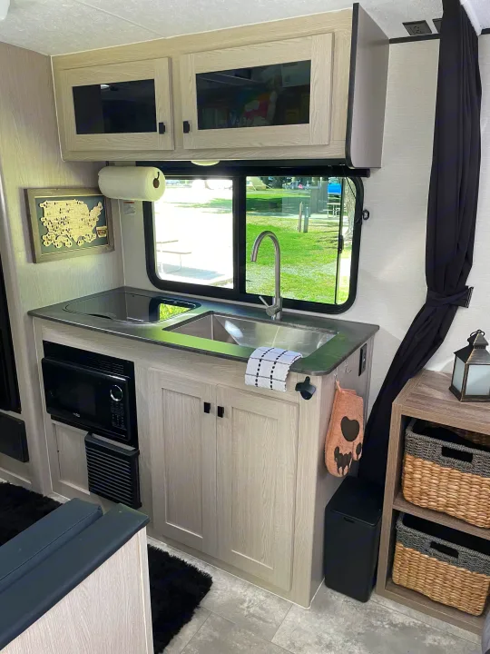 RV rental interior: bright kitchen with sink, microwave, cabinets, and a view of the campsite outside the window.. Coachmen Apex Nano 2023