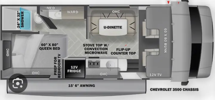 Detailed RV rental floor plan showing a motorhome interior with queen bed, dinette, kitchen, shower, and bunk area.. Forest River Sunseeker 2017