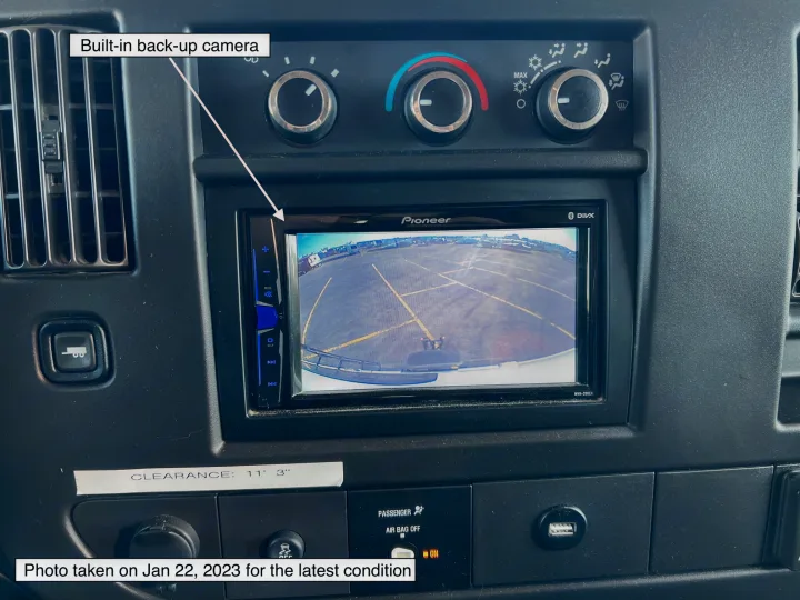 RV rental dashboard: built-in backup camera view, climate controls, and crucial 11' 3" clearance information.. Forest River Sunseeker LE 2020