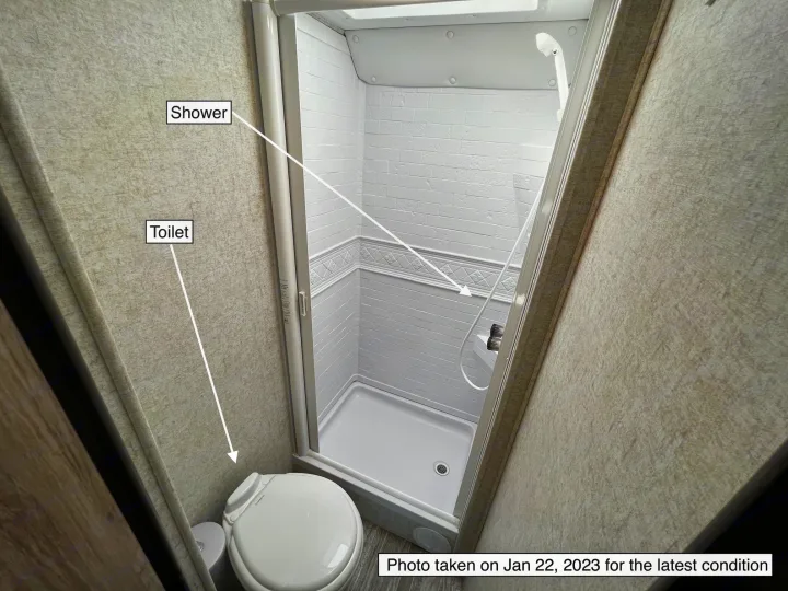 RV rental: compact toilet & stand-up shower in clean, functional bathroom. Photo Jan 2023 for current condition.. Forest River Sunseeker LE 2020