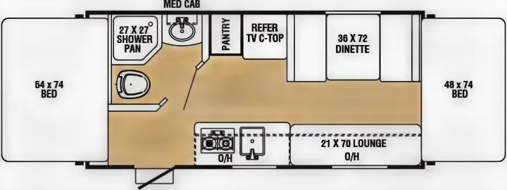 RV rental floor plan: compact camper interior layout with beds (54x74, 48x74), dinette, kitchen, and bath.. Clipper Clipper Trailer 2016