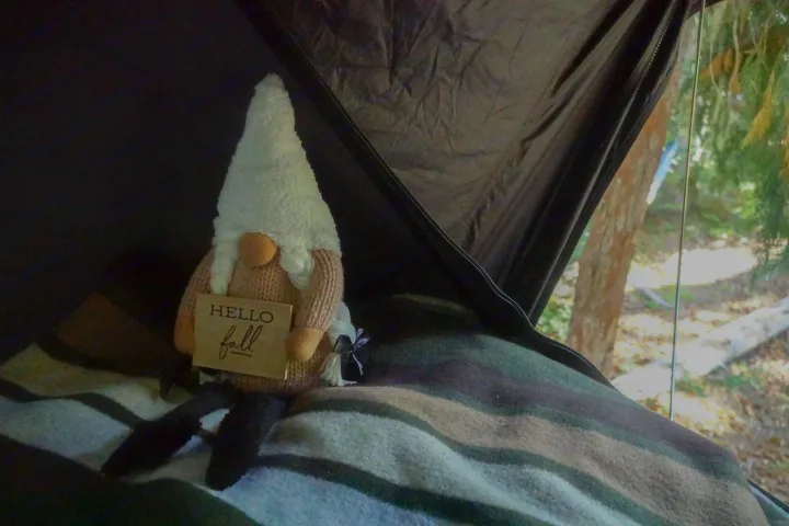 Cozy fall vibes in an RV rental: a gnome holding a 'HELLO fall' sign by the window, blanket, and trees outside.. Subaru Outback with iKamper 2017