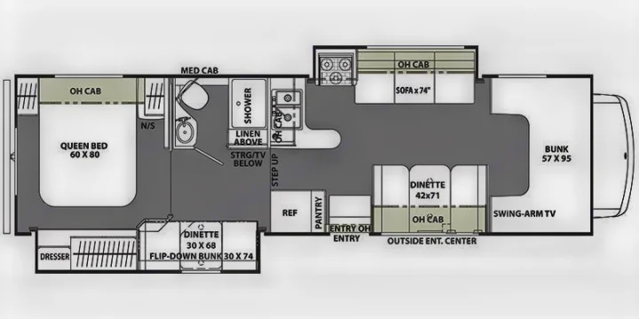 RV rental floor plan with queen bed, bunk, dinette & kitchen layout.. Forest River Coachmen Freelander 2018