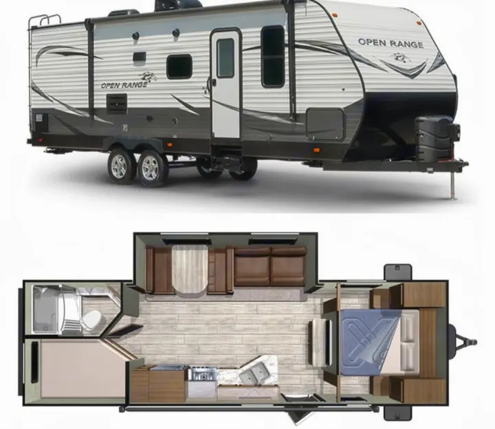 Travel trailer RV rental with detailed floor plan. View its interior: private bedroom, full kitchen, bath, and living area.. Highland Ridge RV Open Range Conventional OT26BHS 2019