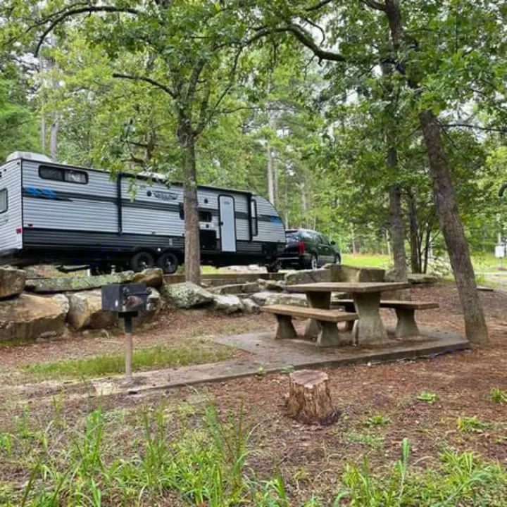 RV rental set up at a wooded campsite, featuring a concrete picnic table and grill for outdoor enjoyment.. Forest River Salem Cruise Lite 2021