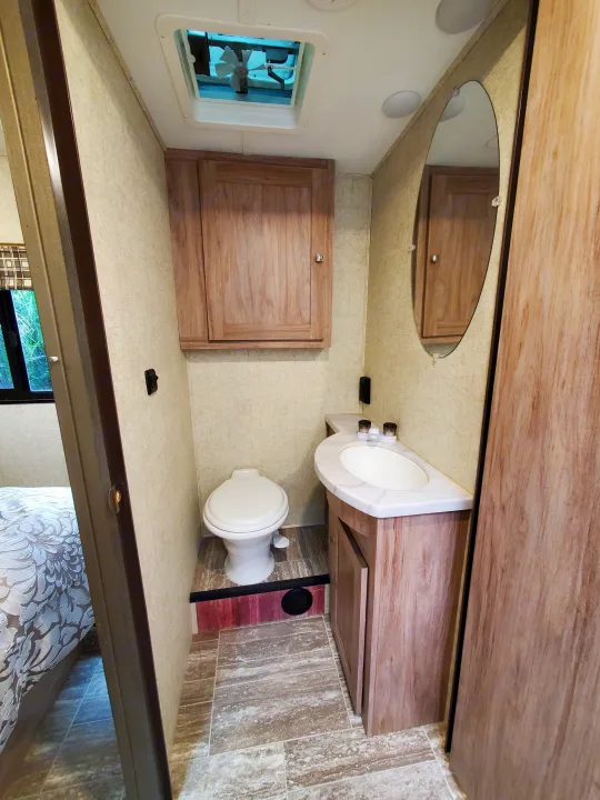 RV rental bathroom featuring a compact toilet, sink vanity, wooden cabinet, and ceiling vent.. Forest River Sunseeker 2019