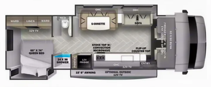 RV rental floor plan shows a spacious layout with a queen bed, U-dinette, kitchen, full bath, and front bunk.. Forester Classic 2021