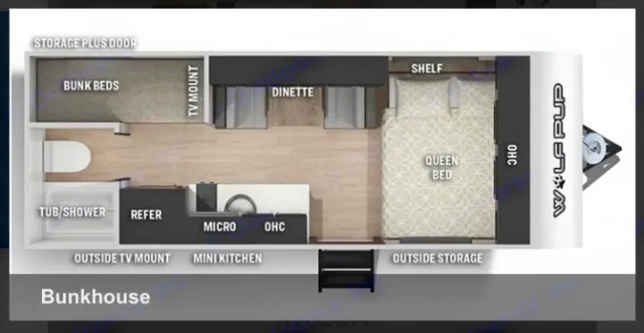 This RV rental bunkhouse floor plan shows a queen bed, bunk beds, dinette, kitchen, and bathroom for family comfort.. Cherokee wolf pup 2021